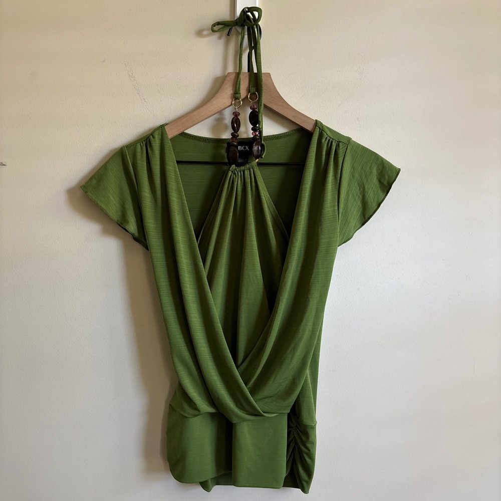 BCX Green Beaded Halter Neck Surplice Draped Ruched Top Small